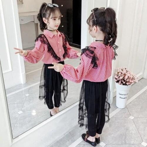 2020 Big girl spring autumn clothing set plaid lace shirts+mesh skirts leggings,kids Children fashion elegant 2pcs clothes suits