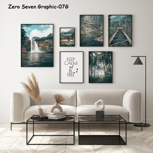 Canvas Poster Print Japanese Architecture Rail Bridge Forest Waterfall Landscape Palm Trees Wall Art Picture For Home Decoration