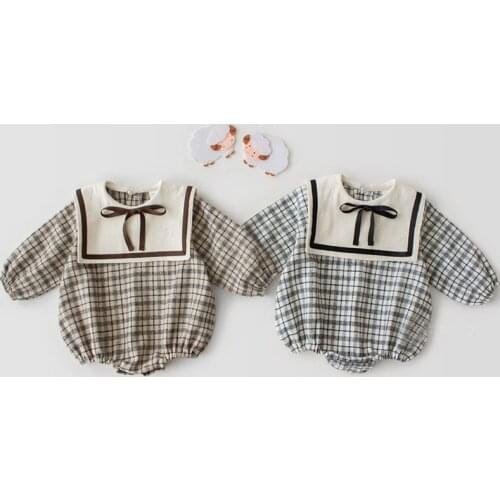 Angoubebe B20H02 Fashion 2020 Newborn Baby Girls Cotton Plaid Romper Clothes Grid Jumpsuit Sailor Collar Long Sleeve Clothing