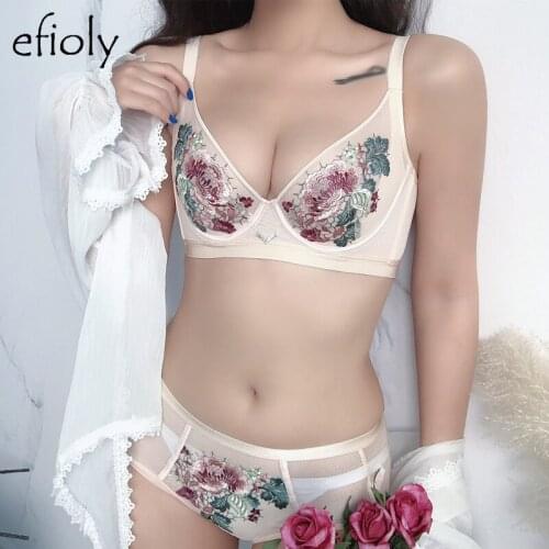EFIOLY Retro Embroidery Gather Ultra-thin Underwear Adjustable Bra Set Deep V Womens Underwear Sexy Womens Underwear Bra Set