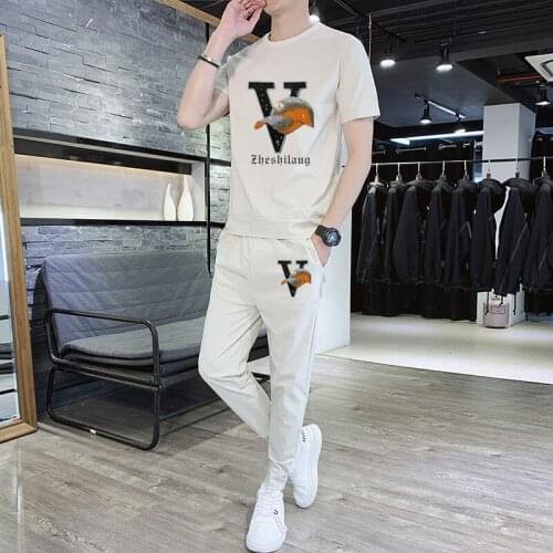 Mens Ice Silk Cotton Leisure Suit 2021 High End Oversized Summer New Breathable Short Sleeve Sportsmans Suit