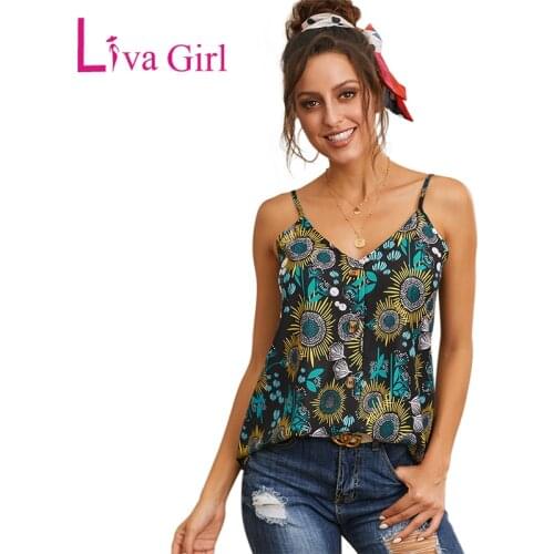 LIVA GIRL Summer Floral Print Button Down Tank Top Woman Casual Sexy V Neck Sleeveless Tops Women Daily Wear and Beach Holiday
