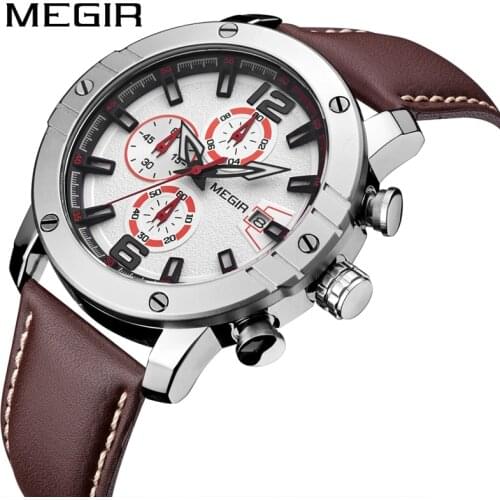 MEGIR Mens Watches Leather Strap Top Brand Luxury Waterproof Sport Chronograph Quartz Business Wristwatch Watch Men reloj hombre