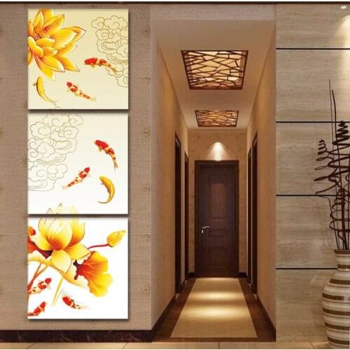 Hallway Wall Painting Sticker Unframed Canvas Art Koi Fish Lotus Golden Pincture Canvas Painting Wall Pictures for Living Room