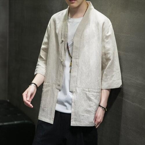 2021 New Chinese Style Mens Tops Tang Suit Linen Half Sleeve Solid Traditional Kung Fu Clothes China Style Hanfu Shirt 30782