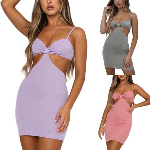 Hollow Out Dress Women Close-fitting Solid Color Deep V-neck Slip Dresses Female Vestidos