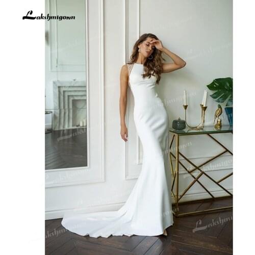 Simple Soft Satin Mermaid Wedding Dresses O-Neck Sleeveless Corset Sexy Illusion Lace Back Sweet/Brush Train Bride Gowns Elegant