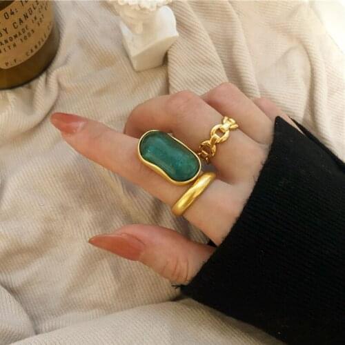 SRCOI Vintage Oval Artificial Green Stone Ring Unique Design Geometric Open Ring Temperament Women Fashion Jewelry 2020