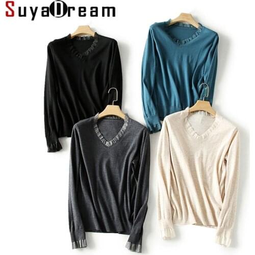 SuyaDream Women Winter Sweaters Silk Wool Blend V Neck Plain Pullovers 2021 Fall Winter Basic Sweaters for Woman