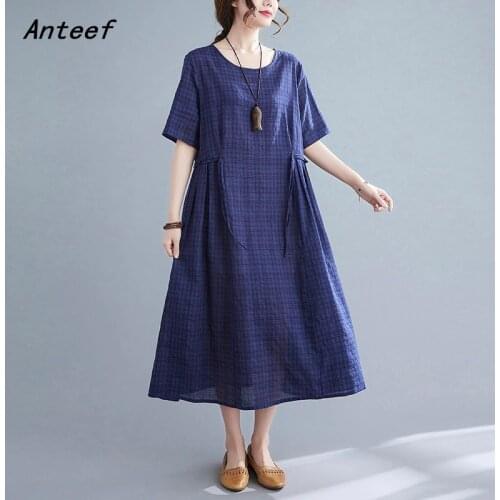 Short sleeve cotton linen vintage plaid dresses for women casual loose long woman summer dress elegant clothes 2021