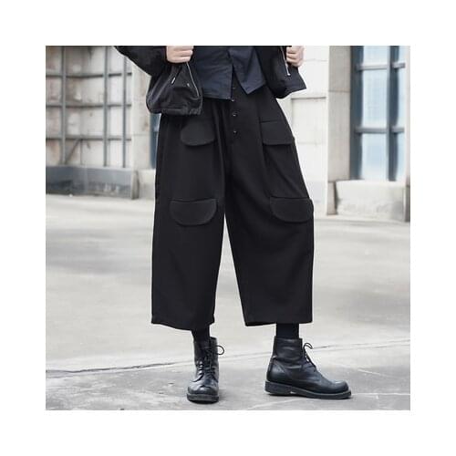 Yoshi Yamamoto Japanese dark nine-part wide leg trousers for couples multi-bag straight leg trousers loose designer slacks
