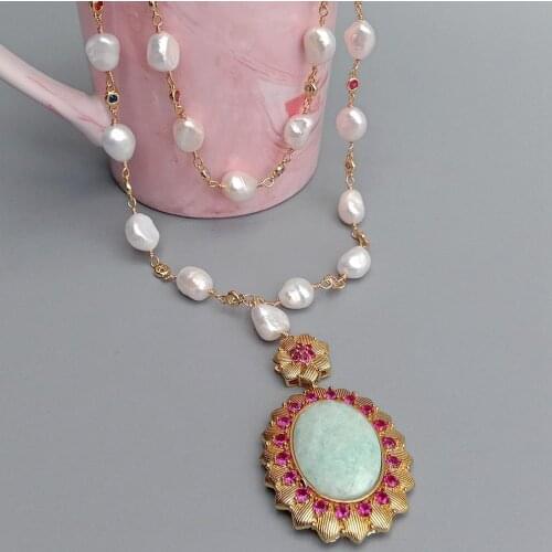YYGEM 2 Strands Natural White Baroque Pearl Cz Pave Chain Necklace Amazonite Pendant 20"