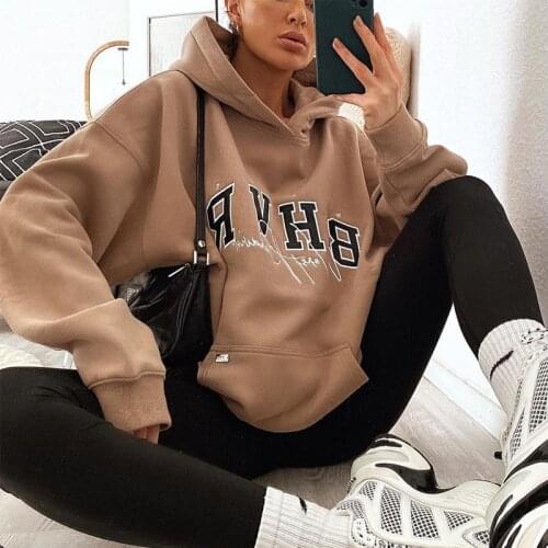 Brand Letters Print Vintage Thick Warm Oversized Hoodie Girls Sweatshirt Women Winter Tops Pullovers New Fashion Teens Clothes