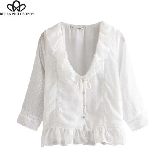 Vintage Sweet Buttons Ruffles Chiffon Tops Women Blouses 2019 Fashion V Neck Three Quarter Sleeve Shirts Casual Blusas Mujer