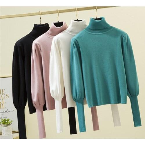 Women Elegant Knitted Sweater pullover Autumn Winter 2021 Chic New Fashion Female Turtleneck Lantern Sleeve Tops Candy colors