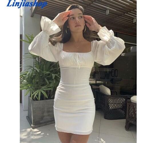 New fall women white dress long sleeve sexy square collar A-line mini elegant lady dress autumn vestidos