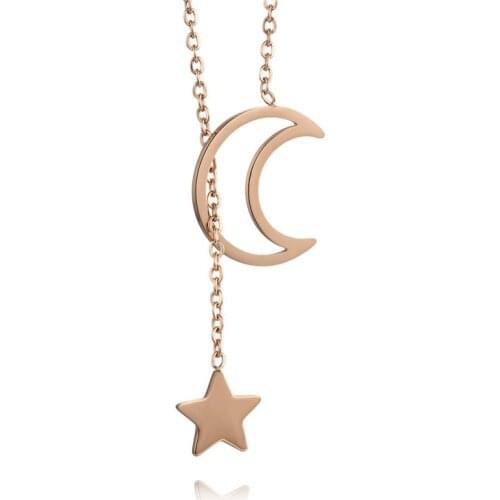 2021 Trend Female Length 500mm Fashion Titanium Steel Necklace For Women Rose Gold Moon And Stars Hip Hop Jewelry