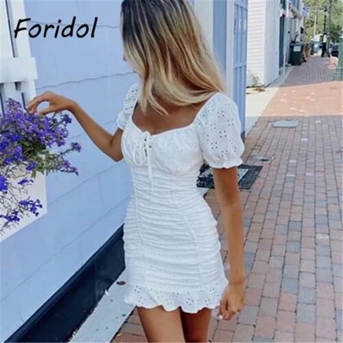 Foridol Flower Embriodery Bodycon White Lace Summer Dress Women Puff Sleeve Hollow Out Cotton Ruffle Ruched Mini Beach Dress