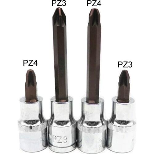 4pcs/set 60mm & 100mm length Pozidriv Screwdriver Bit Set Phillips Screwdriver Bits 1/2 Inch Drive Socket Hand Tools PZ3 PZ4