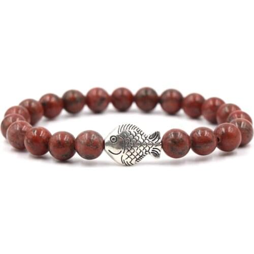 8mm her2 ball elastic thread adjusted nature black stone volcanic lava bead Metal fish Bracelet Reiki Chakra Fashion Jewelry