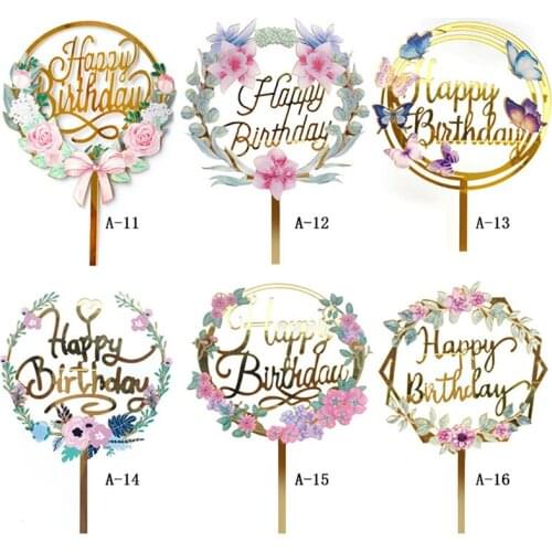 Acrylic Insert Sign 12cm Color Printing Rose Flowers Happy Birthday Cake Toppers Gold Birthday Cake Topper Decor