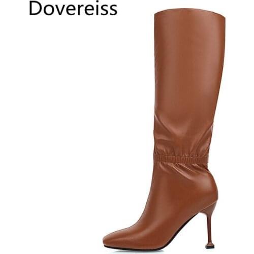 Dovereiss Fashion Womens Shoes Winter new Square toe Stilettos Heels Suede yellow Elegant Knee high boots Concise Mature 31-48