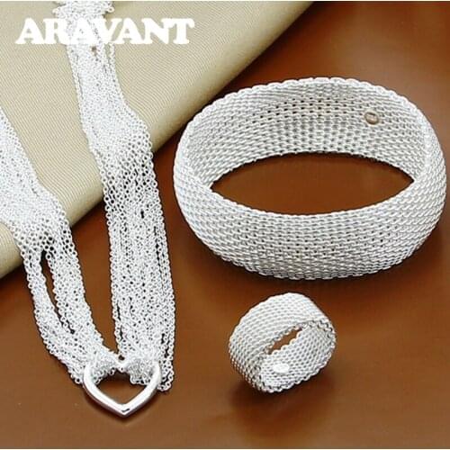 925 Silver Heart Multi Layers Necklace Chain Weave Bangle Ring Fashion Wedding Jewelry Set