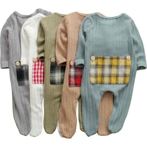 Newborn Baby Boy Girl Long Sleeve Patchwork Cotton Romper Jumpsuit Playsuit One Pieces Baby Clothes 0-9M