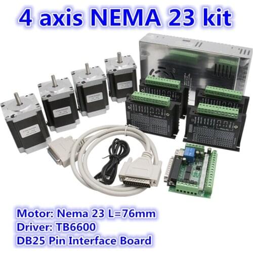 4 Axis CNC Router Kit, 4pcs TB6600 servo driver +MACH3 interface board +4pcs Nema23 255Oz-in stepper motor+power supply 360W