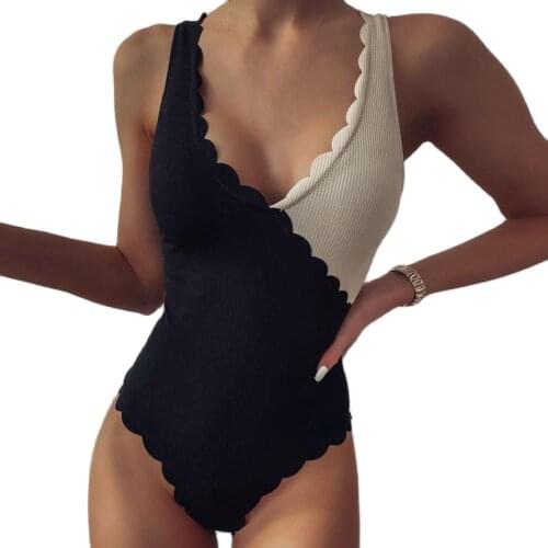 2021 Bikini Set Monokini Color Block High Cut Deep V Neck Swimsuit Fashion Women Lace Ribbed One Piece Swimwear Bathing Suit