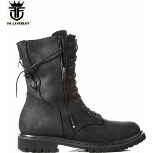 NEW Handmade MID Cowboy Western Denim Boot Genuine Leather Lacing Zipper Men Military Motor Boots