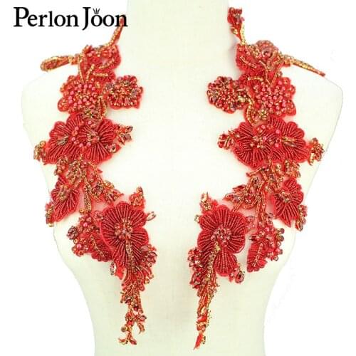 1 Pair Red crystal lace applique high-end bridal wedding dress AB rhinestone glass neckline decoration Accessories WH052