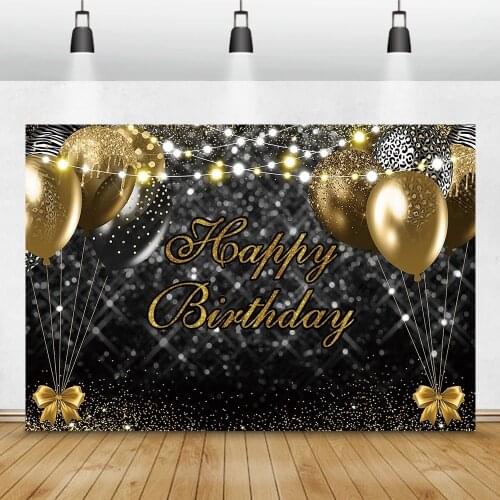 Laeacco Golden Balloons Happy Birthday Photography Backdrop Polka Dots Light Party Decor Customize Black Background Photo Studio