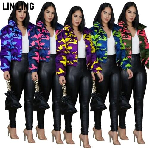 LINLING Fashion Slim Stand Collar Cotton Padded Jacket Camouflage Full Sleeve Zipper Seamless Windproof Coat