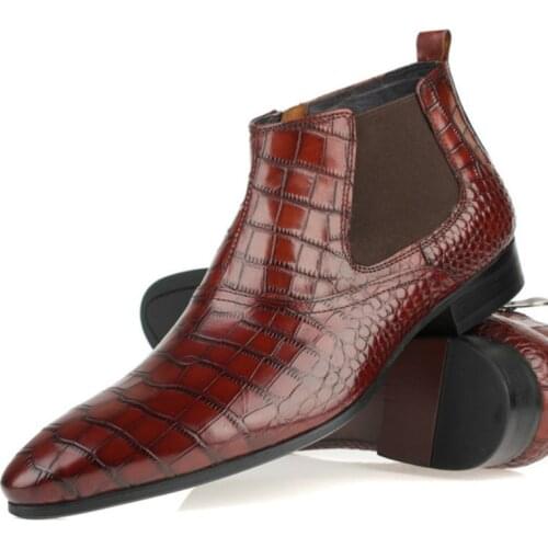 2021 Brand Flat Wine Red Chelsea Boots Mens Wine Red Leather Zip Shoes Fashion Printed Crocodile Skin Cowboy Ankle Boot Size 44