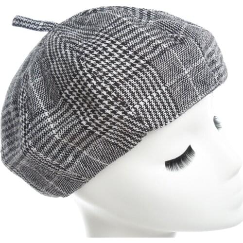 Painter hat Autumn Winter Lady Octagonal cap Black white lattices line Pumpkin cap British Style Octagonal cap Hat for women