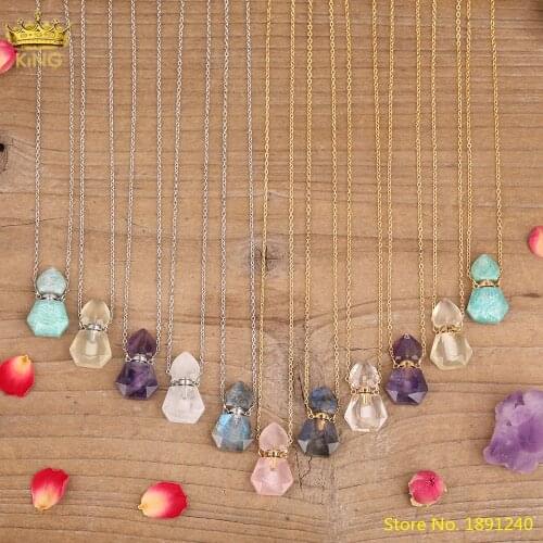 Natural Labradorite Lemon Quartz Crystal Hexagonal Essential Oil Perfume Bottle Pendant Chains Necklace Women Friendship Jewelry
