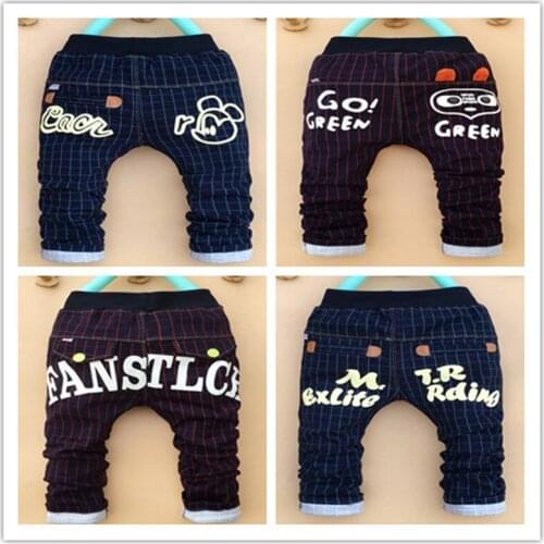 2016 New Boy pants kids clothes,children jeans Elastic Waist fashion spliced baby Slim trousers,checkered pattern mickey letter