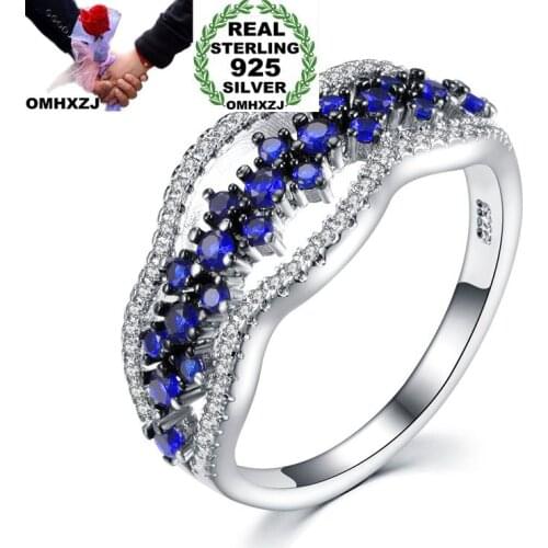 OMHXZJ Wholesale European Fashion Woman Man Party Wedding Gift Blue AAA Zircon 925 Sterling Silver 18KT Black Gold Ring RR383