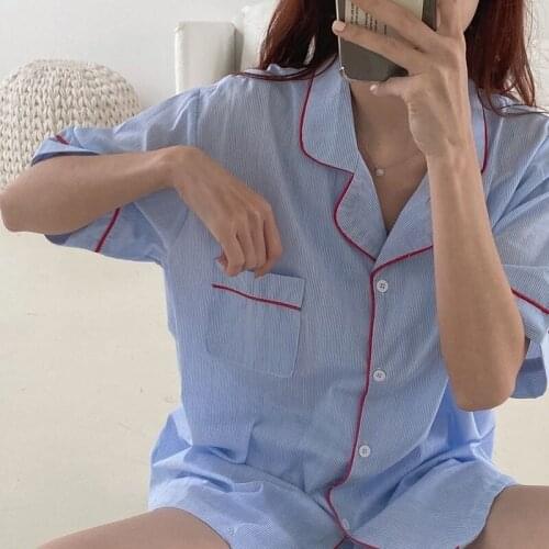 Korean Pajamas for Women Spring Stripe Print Pyjamas Plus Size Loose Lapel Pijamas Two Piece Set Summer Soft Casual Home Suit