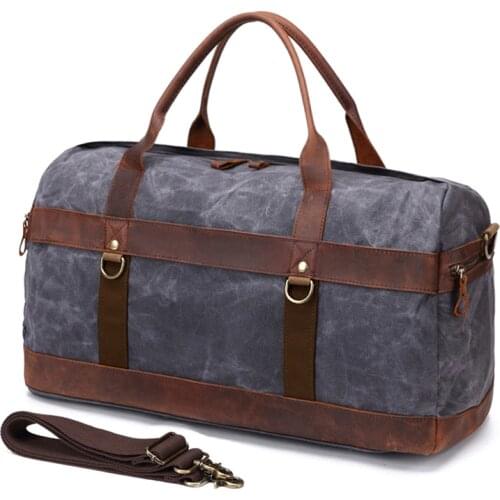 Retro Waterproof Canvas Men Business Handbag Carry on Luggage Bag Male Leather Duffel Bags Travel Tote Big Weekend Bag Overnight