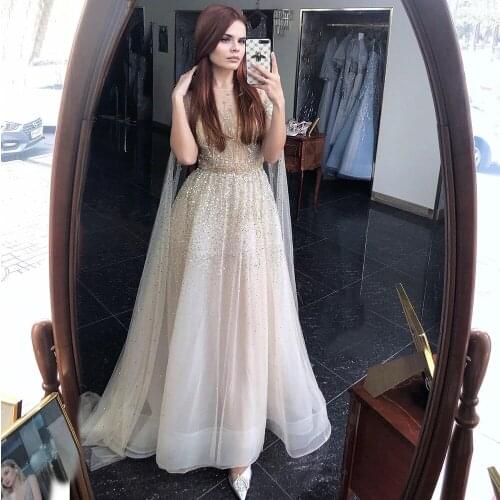 Serene Hill Caramel Luxury Sexy Evening Dresses Gowns 2021 Cape Sleeves Beading A-Line For Women Party LA60869