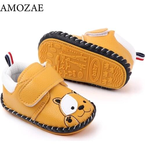 New Baby Shoes All Seasons Baby Sewing PU Leather Shoes Spring Cute Cartoon Velcro Baby Rubber-soled Non-slip Toddler Shoes