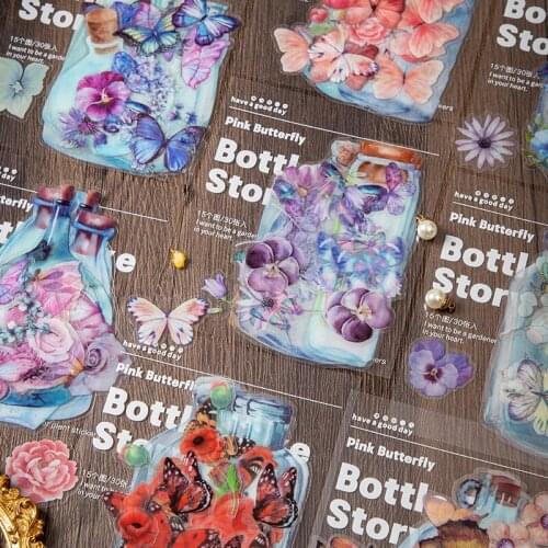 30pcs/bag Vintage flower Butterfly PET sticker package DIY diary junkJournal Bottle decoration sticker album scrapbooking