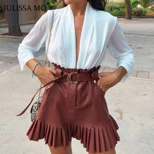 JULISSA MO Black Sash Belt PU Skirts Winter Elegant Ruffled High Waist A-line Skirts Women Fashion Pleated Faux Leather Skirt