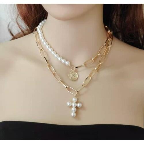 Fashion Pearl Chain Neck Cross Pendant Necklaces for Women Vintage Layer Gold Color Coin Chain Choker Necklaces Female Jewelry