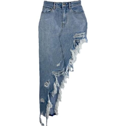 Summer new style irregular fringed skirt 2021 womens high waist washed frayed denim skirt asymmetrical tailored raw edge skirt
