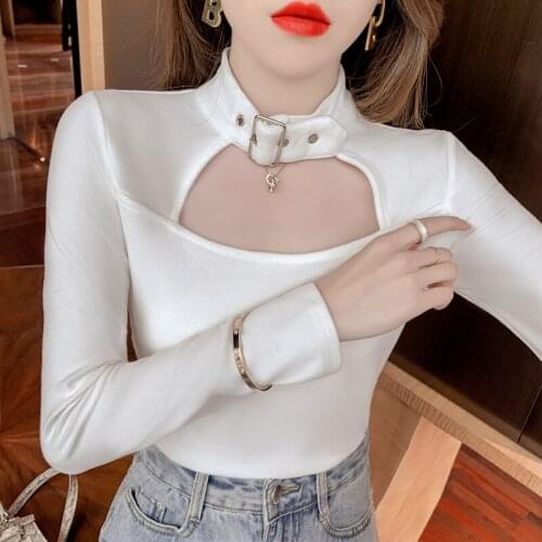 Gkfnmt Buckle Halterneck Sexy Womens T Shirt Harajuku Long Sleeve Cotton Top Streetwear Tshirt Women Tight Tees y2k aesthetic