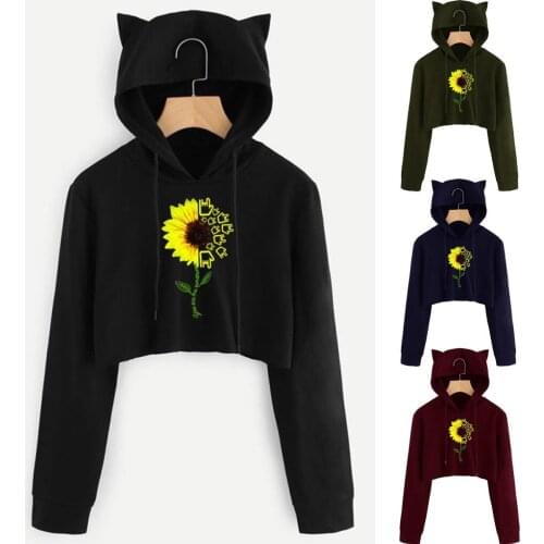 Womens Cat Ear Long Sleeve Hoodie Sweatshirt Crop Hoodies Sunflower Print Pullover Top Blouse Sudadera Mujer Pullover Tracksuits