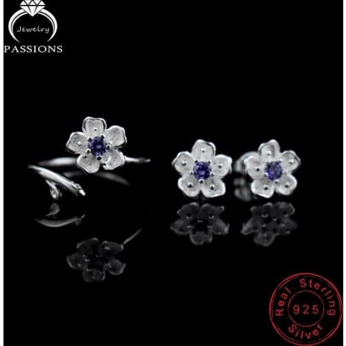Hot Luxury 925 Sterling Silver Purple AAA Zircon Sakura Jewelry Sets CZ Flowers Rings And Stud Earrings Women Fashion Fine Gift